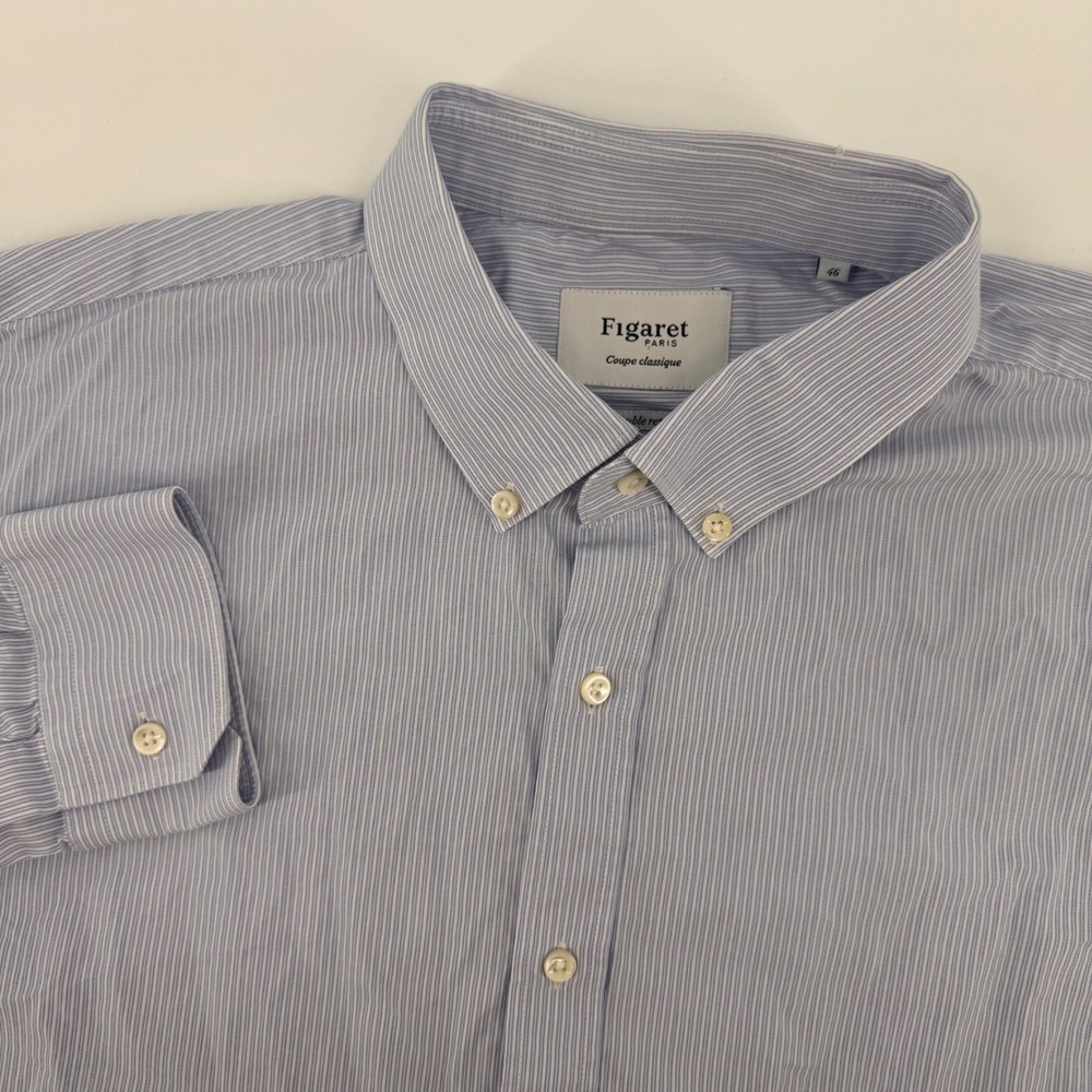 Figaret Paris Button Down Shirt Mens 46 Blue White Stripe Coupe Classique Cotton